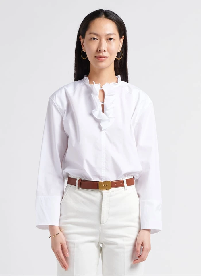 Soeur THEMA - Blouse Col Mao à Volants En Coton | Blanc 3 Soeur THEMA - Blouse Col Mao à Volants En Coton | Blanc