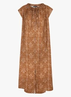 Soeur TAMARIS - Robe Midi Col Tunisien Imprimée En Lin | Marron -Femmes Vêtements 4121894