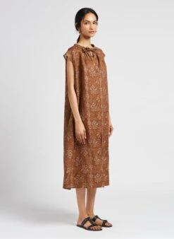 Soeur TAMARIS - Robe Midi Col Tunisien Imprimée En Lin | Marron -Femmes Vêtements 4123518