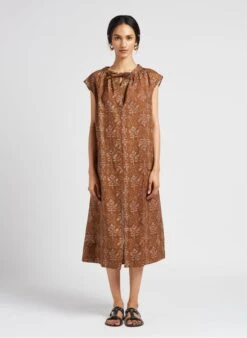 Soeur TAMARIS - Robe Midi Col Tunisien Imprimée En Lin | Marron