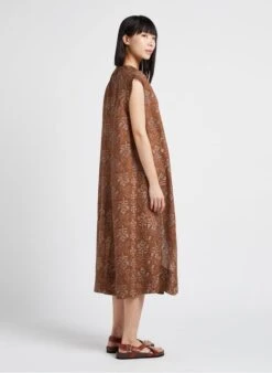 Soeur TAMARIS - Robe Midi Col Tunisien Imprimée En Lin | Marron -Femmes Vêtements 4156268