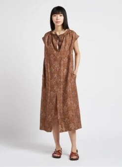 Soeur TAMARIS - Robe Midi Col Tunisien Imprimée En Lin | Marron -Femmes Vêtements 4156272