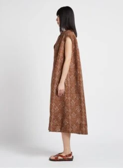 Soeur TAMARIS - Robe Midi Col Tunisien Imprimée En Lin | Marron -Femmes Vêtements 4156273